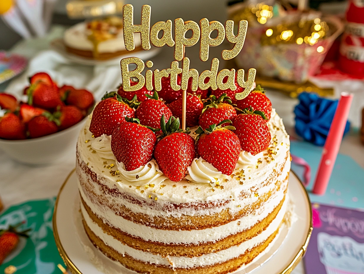 Custom strawberry naked cake with 'Happy Birthday' topper and gold sprinkles.