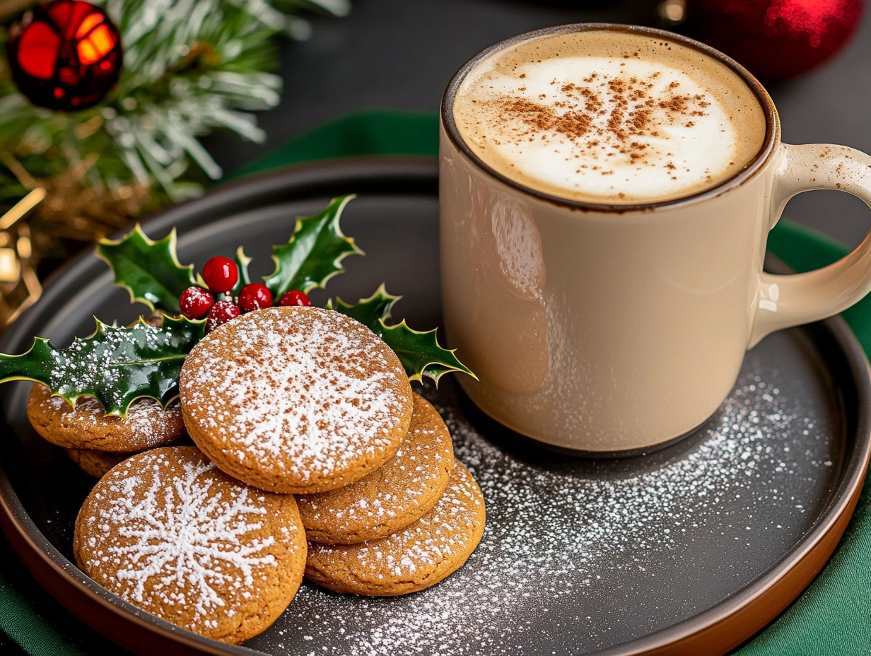 Gingerbread latte cookies served with a latte and holiday garnishes.