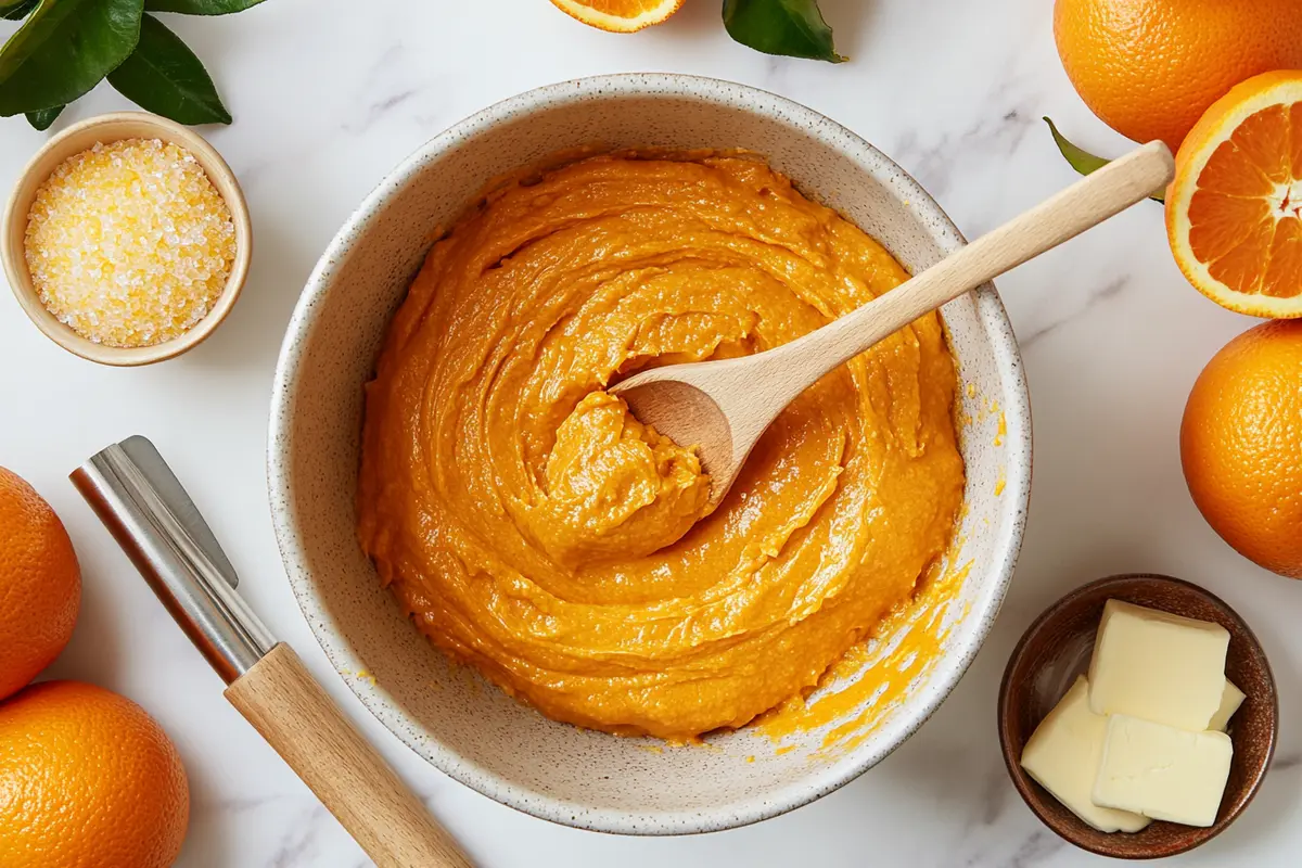 A mixing bowl filled with orange cookie dough, surrounded by fresh oranges, a zester, and baking ingredients.
