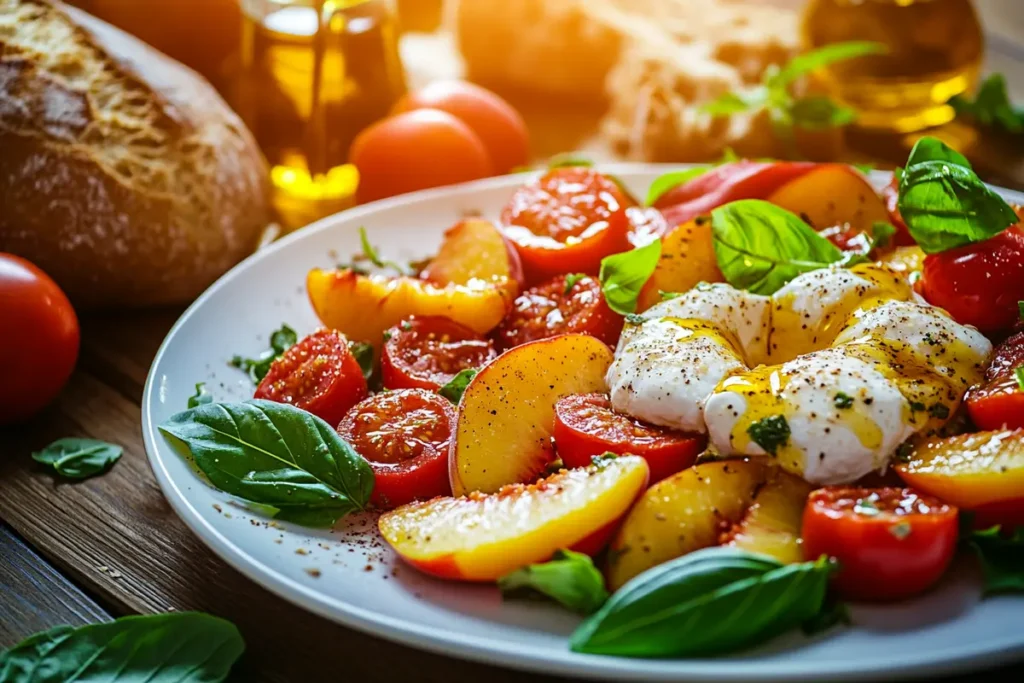 Peach and burrata salad with cherry tomatoes and basil on a rustic table.