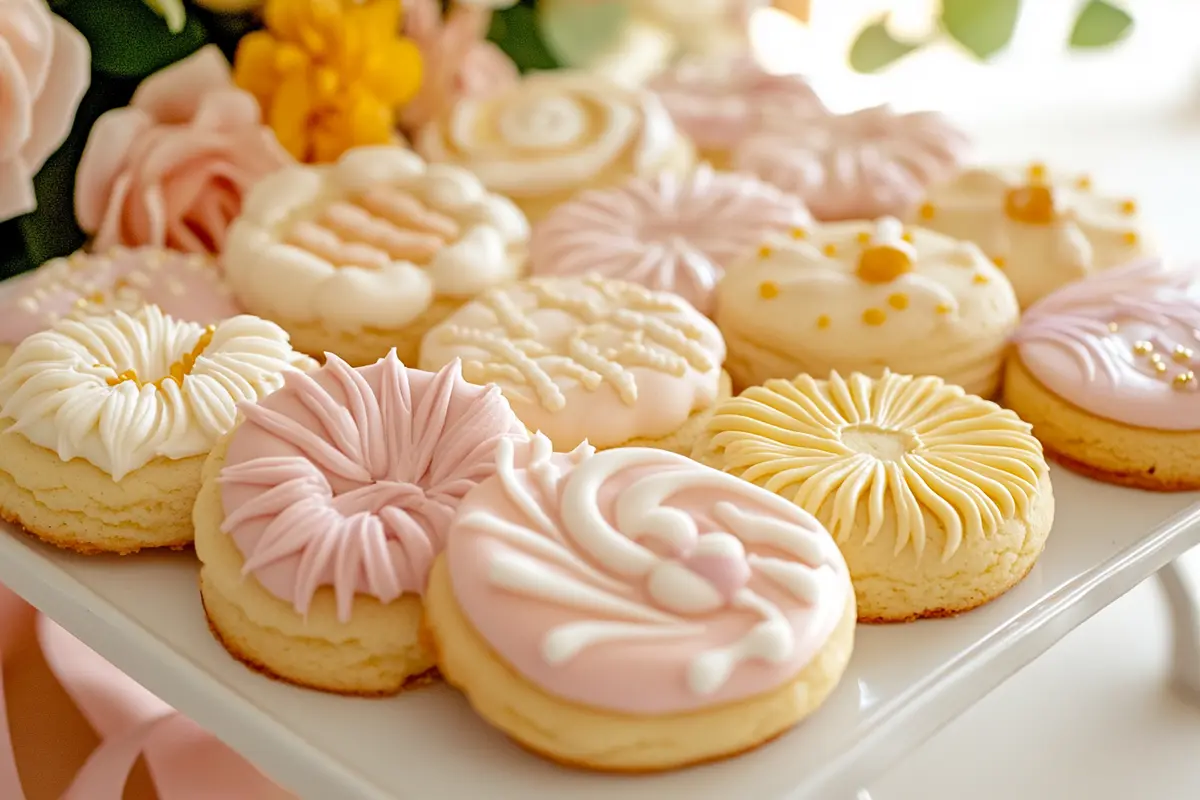 Seasonally decorated frosted sugar cookies in pastel colors on a white platter.
