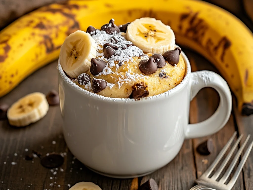 Banana mug cake with chocolate chips and banana slices in a white mug.