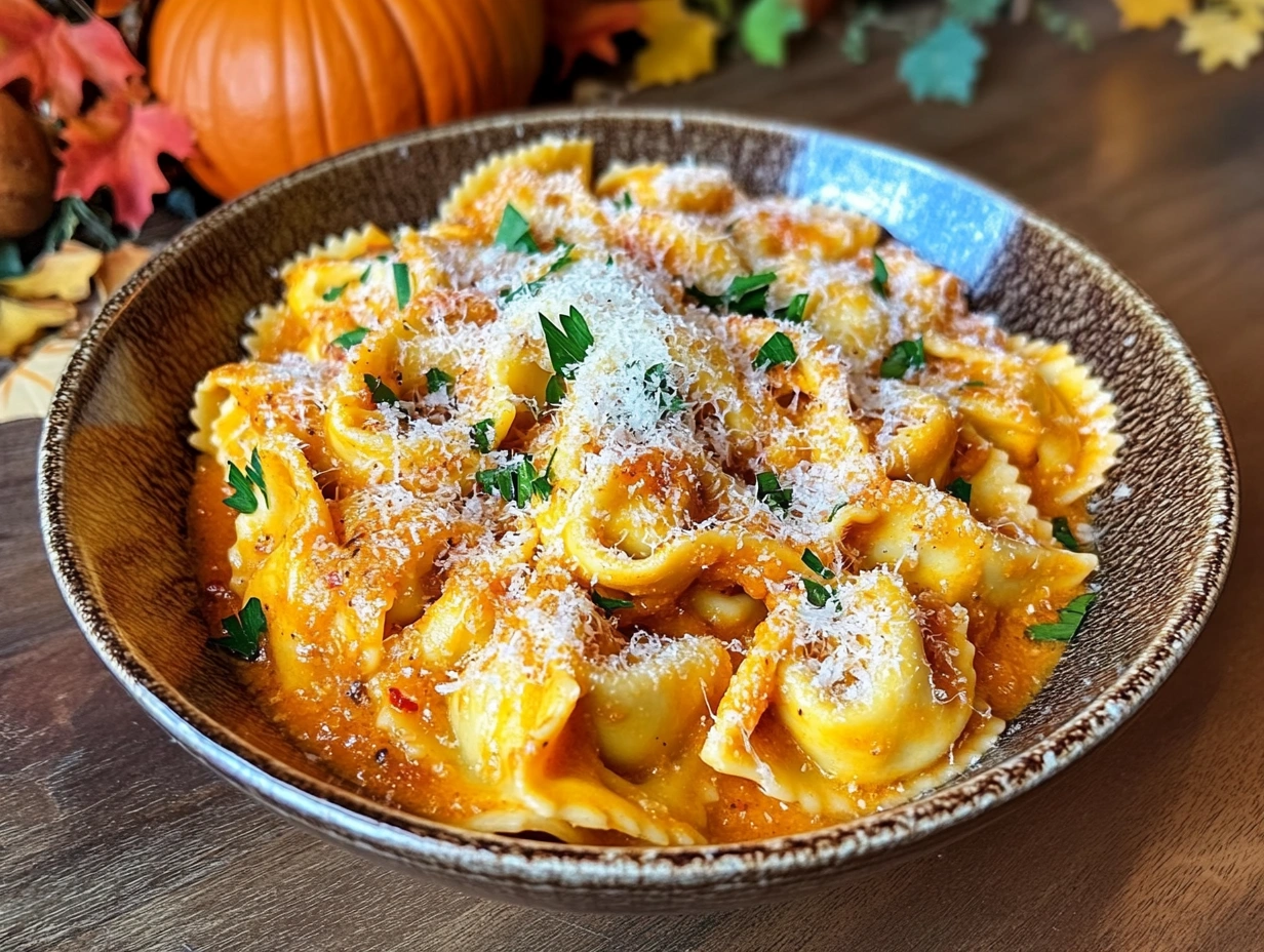 Creamy tortellini pumpkin pasta garnished with parmesan and parsley served in a rustic bowl.
