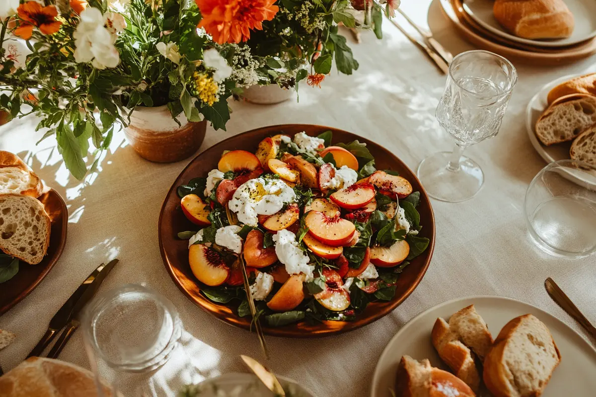 Peach and burrata salad as a dinner table centerpiece.