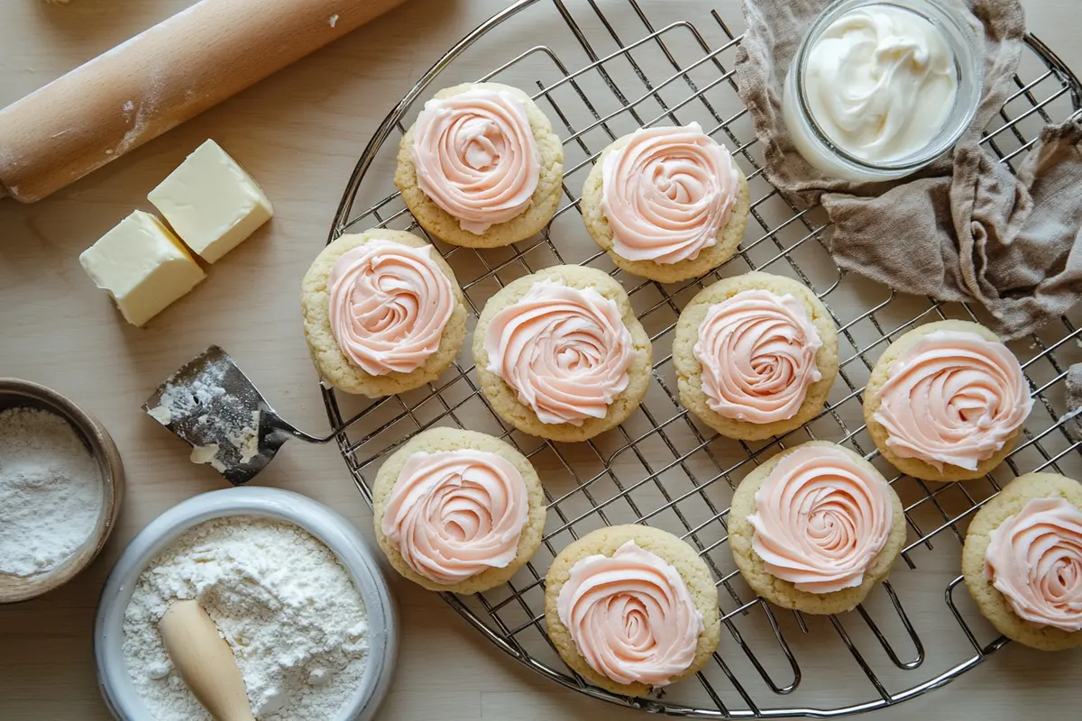 Frosted sugar cookies on a cooling rack with baking ingredients around them.
