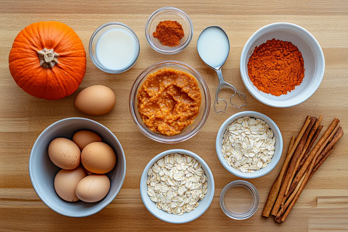 Ingredients for pumpkin pie baked oats on a wooden surface.