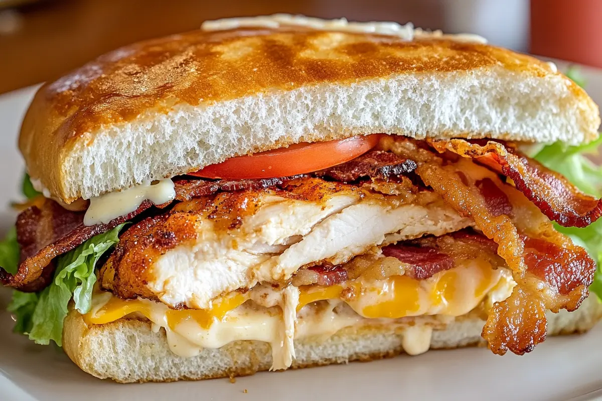 Cross-section of a chicken bacon ranch sandwich showing layers of ingredients.