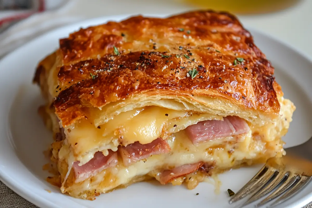 Slice of Ham and Cheese Croissant Bake on a Plate