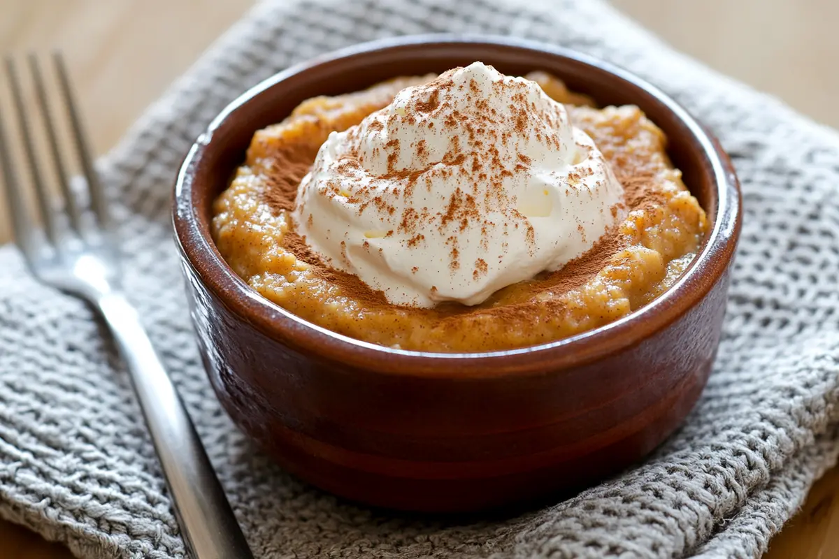 A serving of pumpkin pie baked oats in a rustic bowl topped with whipped cream.