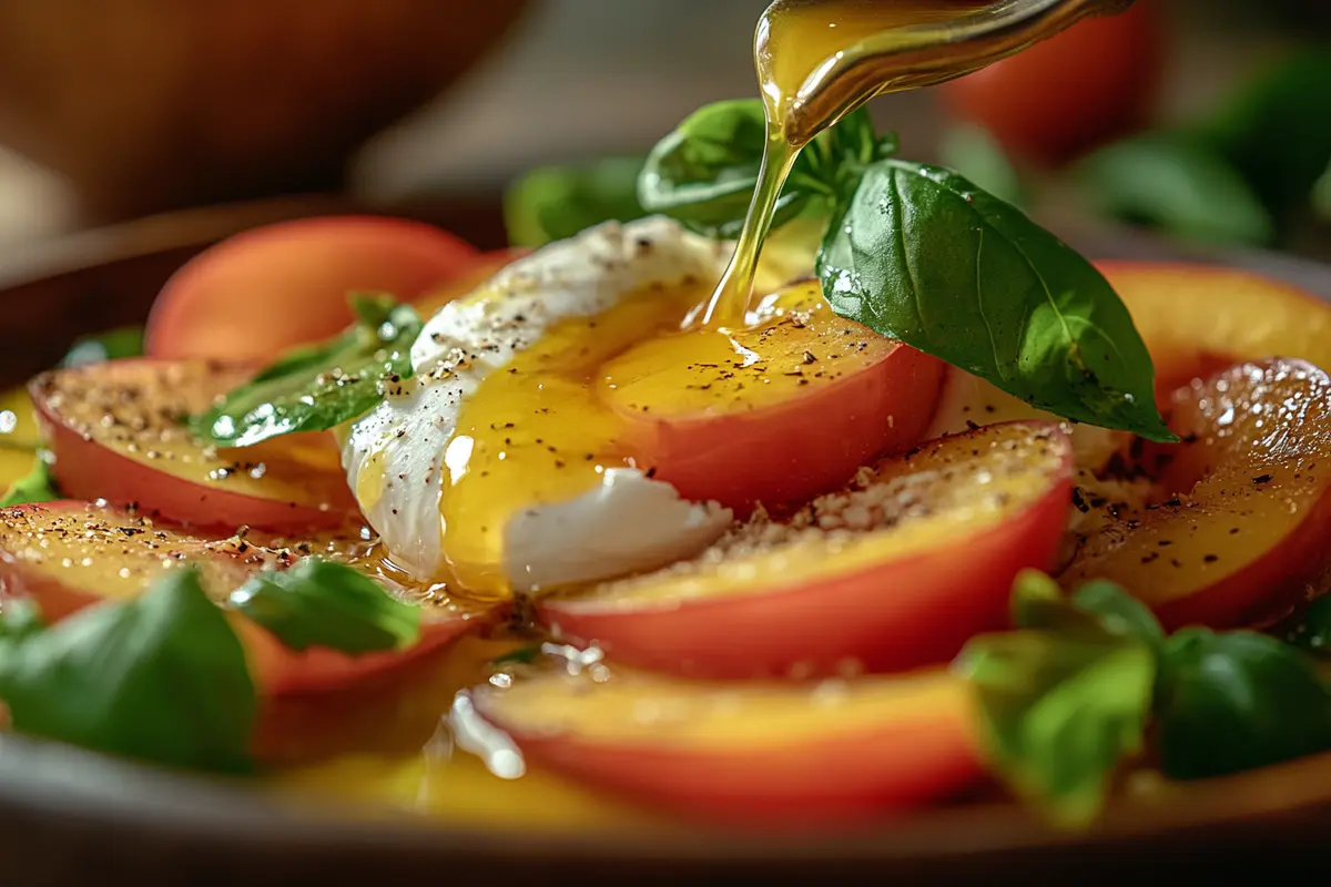 Close-up of torn burrata cheese over peach slices with vinaigrette drizzle.
