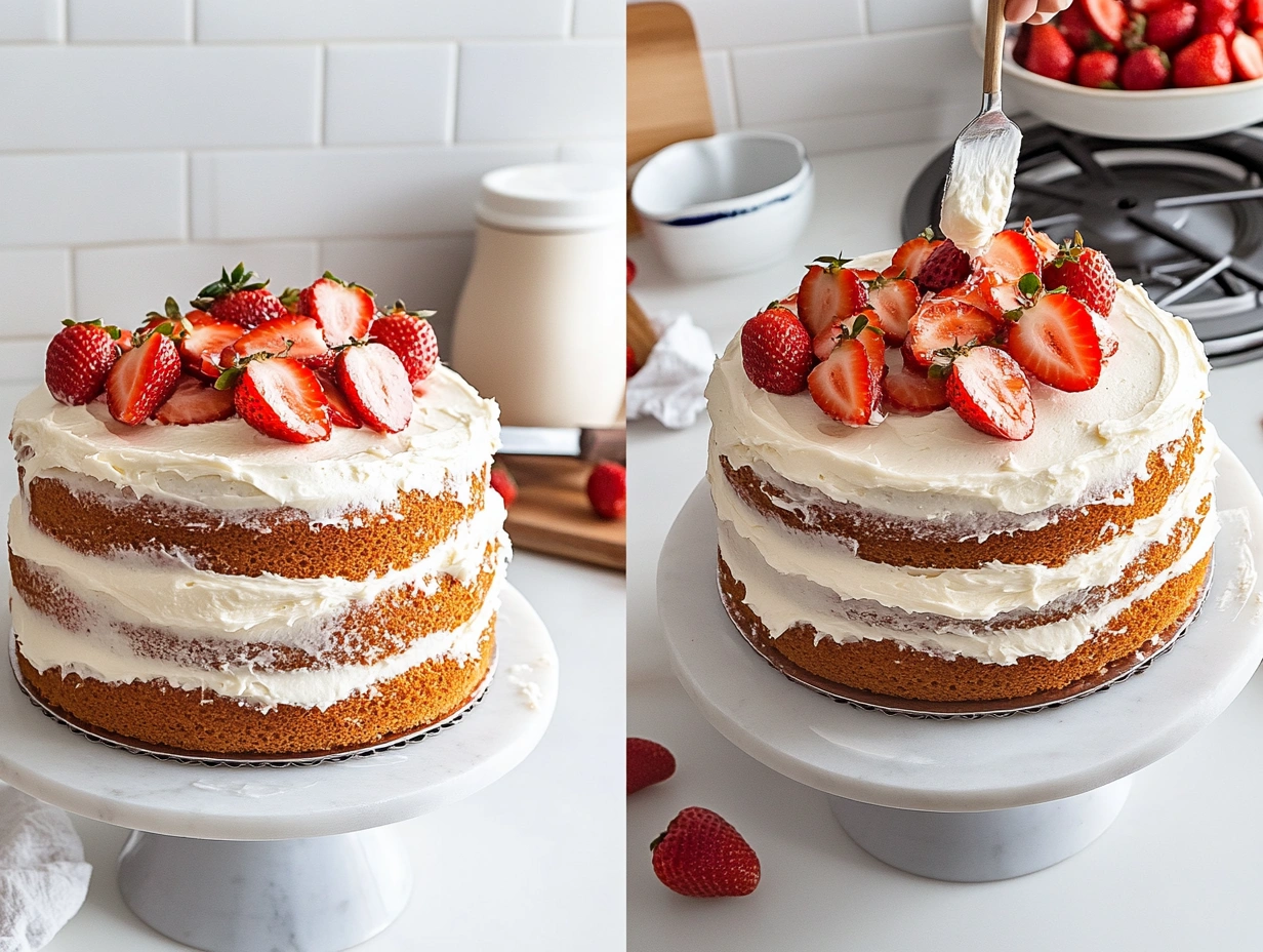 Step-by-step process of decorating a strawberry naked cake with frosting and strawberries.