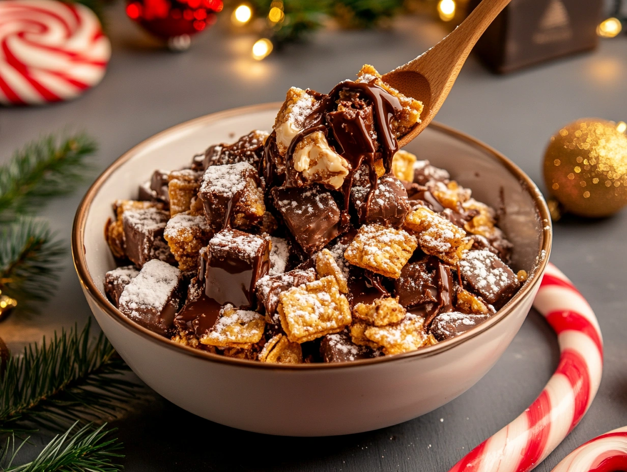 Step-by-step Christmas Puppy Chow preparation in a bowl.