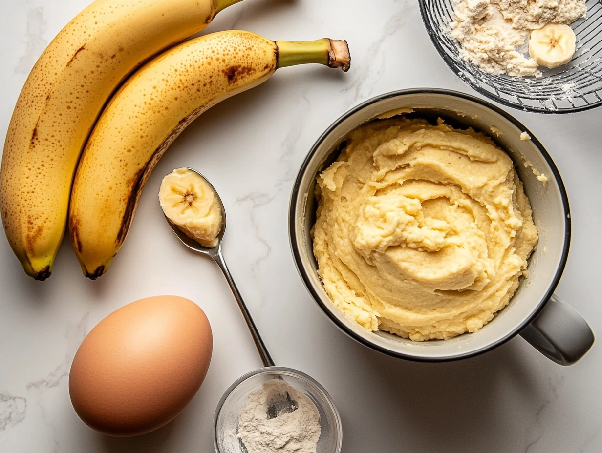 Step-by-step preparation of a banana mug cake batter.