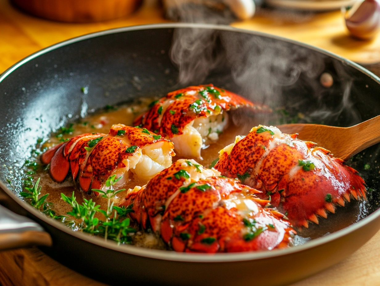 Cooking lobster tails in butter with garlic and thyme