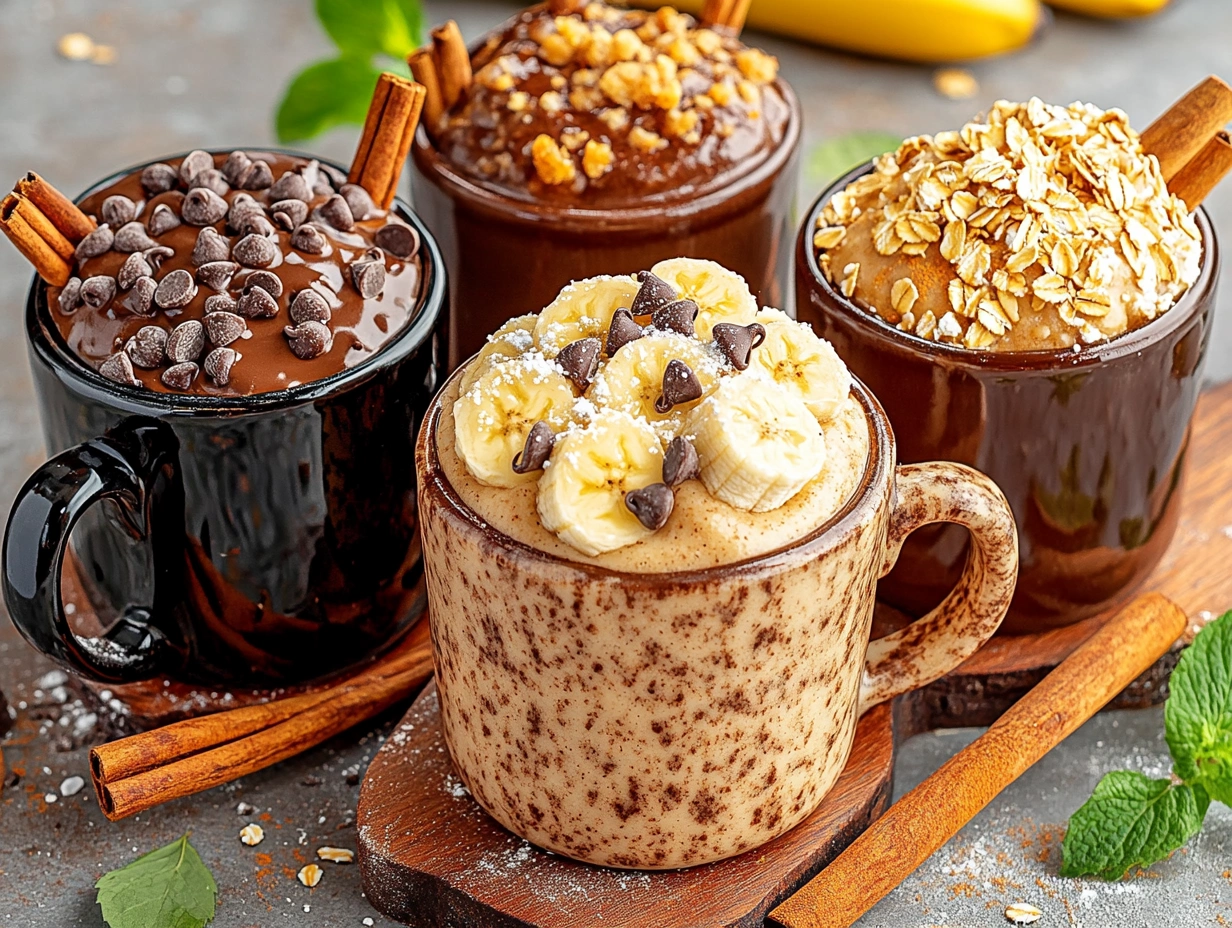 Three variations of banana mug cakes: chocolate chip, oat, and vegan coconut.
