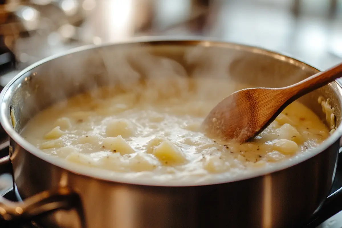 Potato soup simmering on the stovetop.