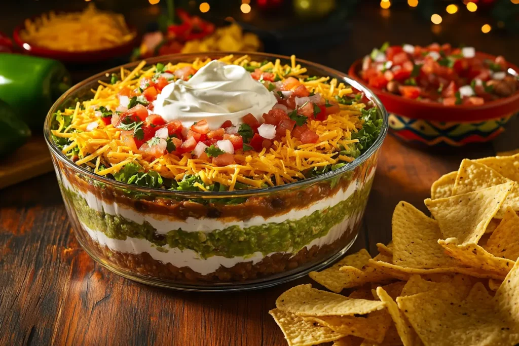 7-layer taco dip with colorful tortilla chips on a rustic table