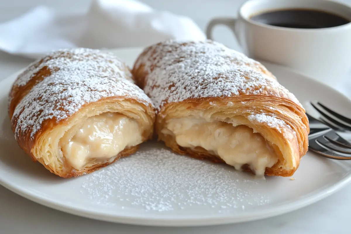 Warm croissant with almond paste filling on a plate