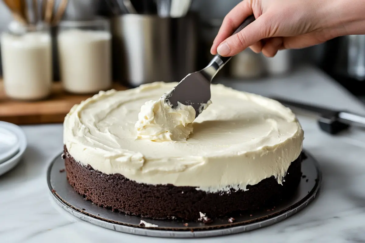 A baker assembling a Tuxedo Bar Cake with mousse and chocolate cake layers.