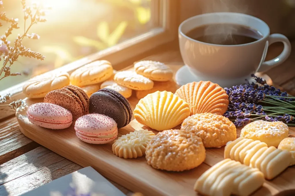 Assorted French cookies on a wooden table with coffee.