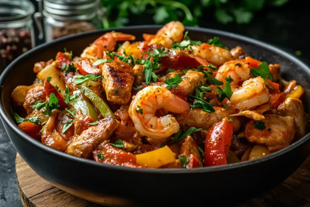 A vibrant pot of pastalaya with sausage, chicken, shrimp, and pasta.