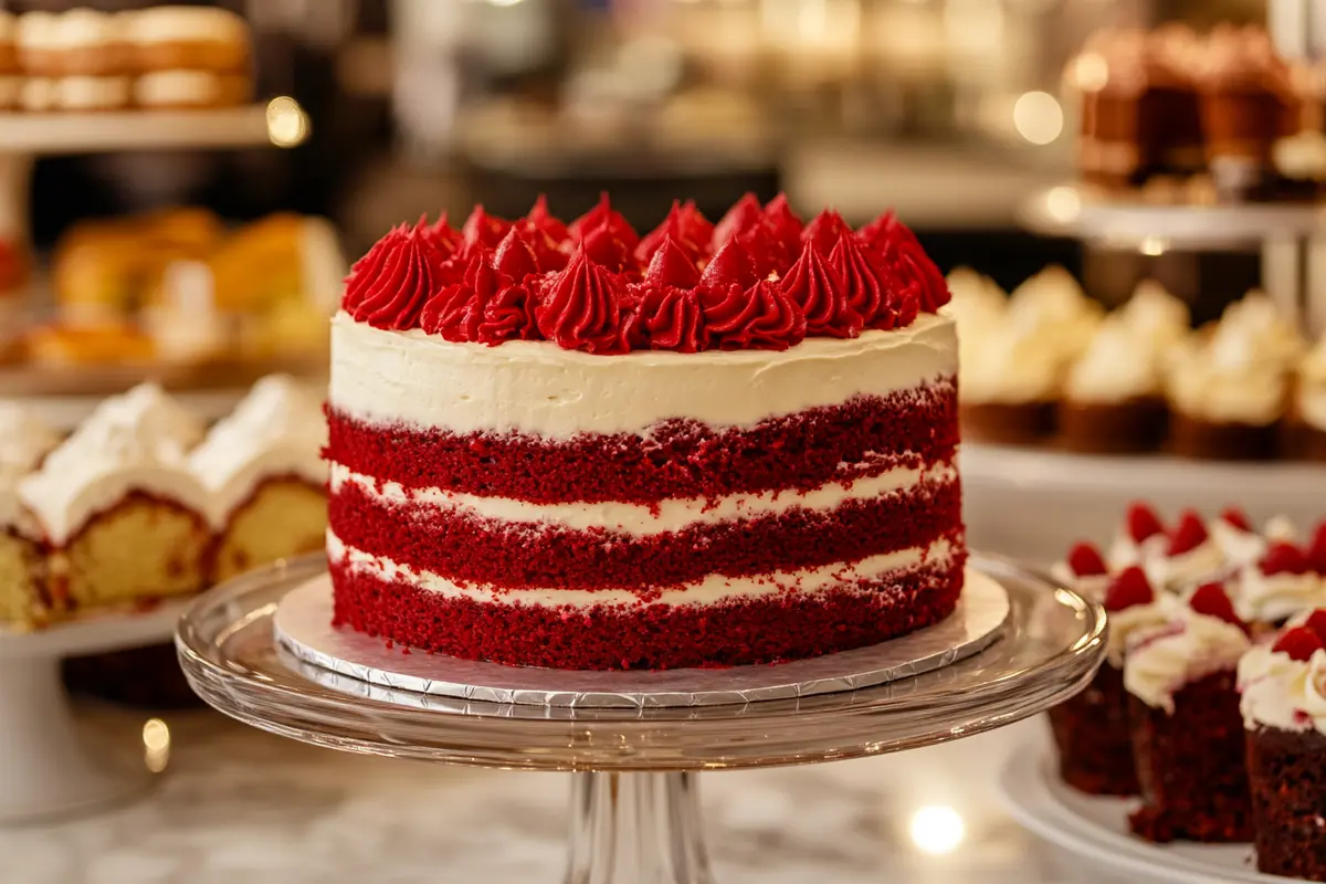 Red velvet cake displayed on a glass stand in a bakery.