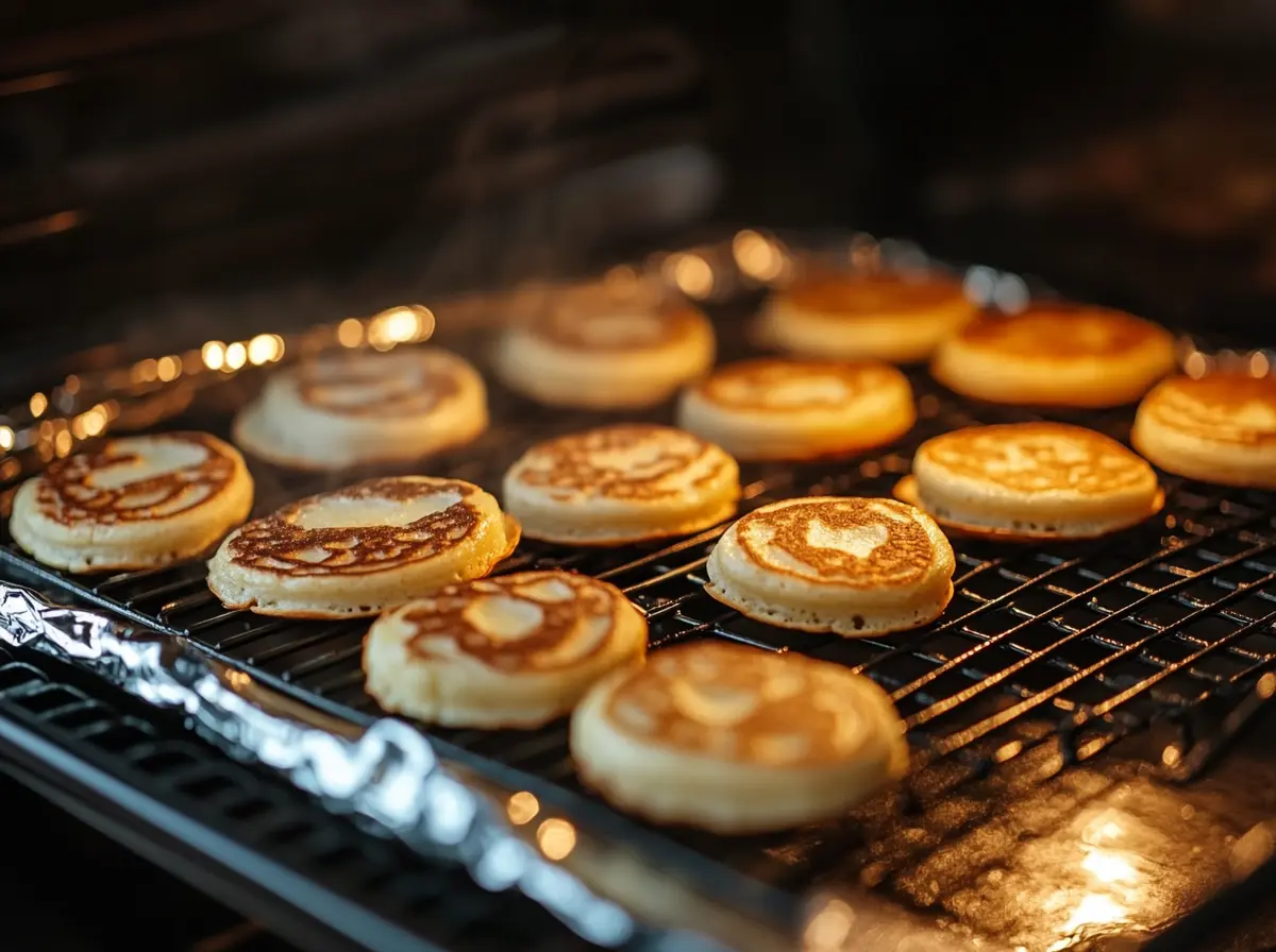 Mini pancakes on a baking sheet in an oven, covered with foil.