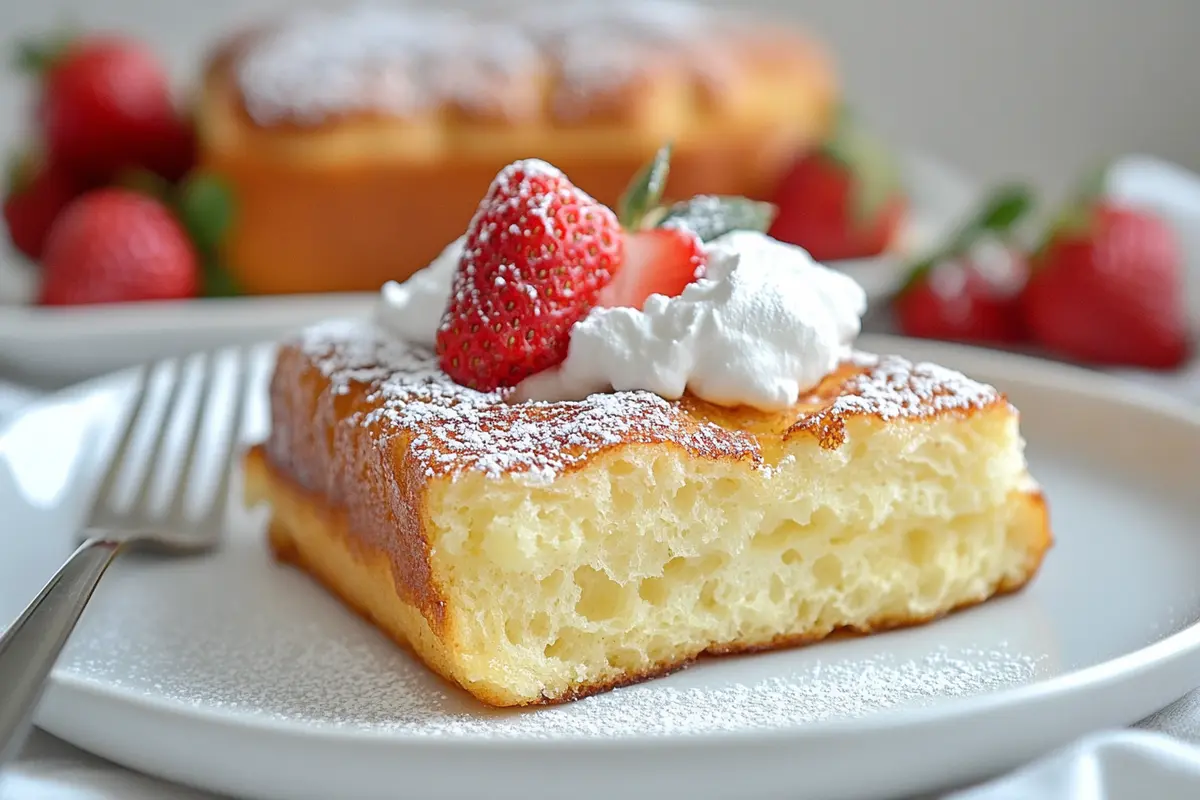 Brioche French toast topped with powdered sugar, strawberries, and whipped cream.