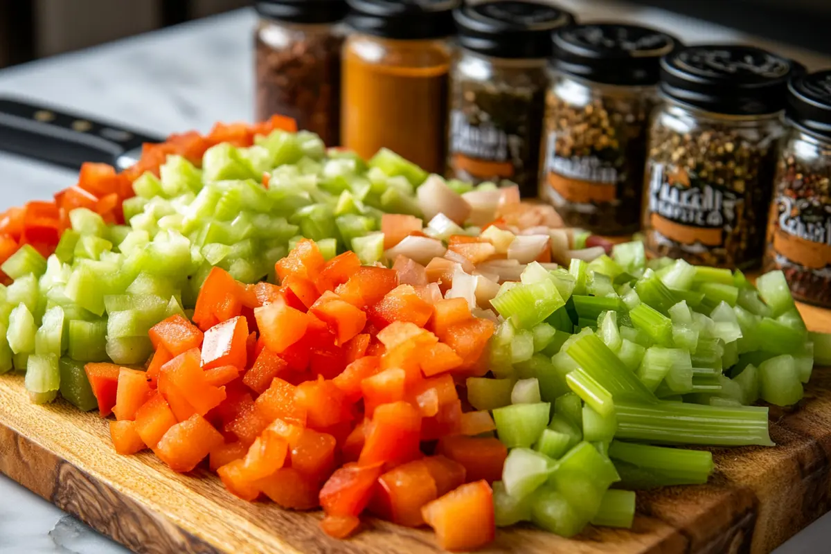 Chopped celery, onion, and bell pepper for pastalaya.