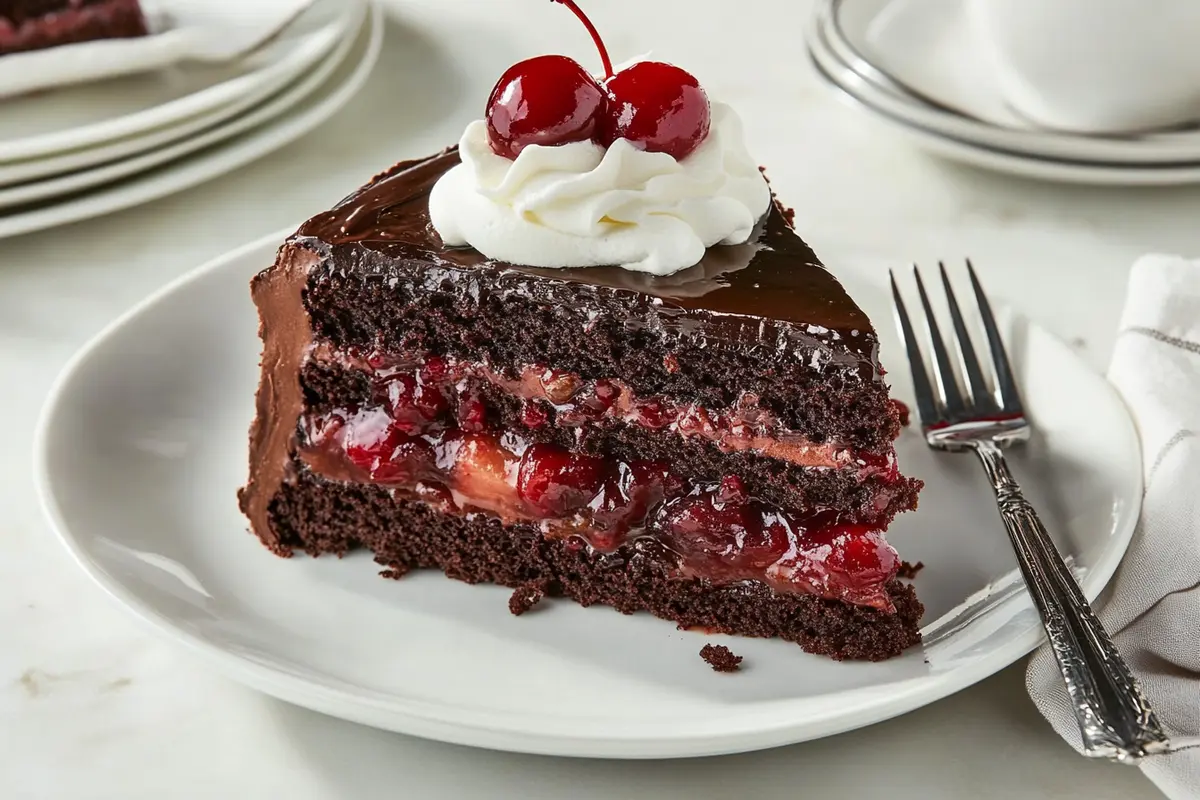 A slice of cherry chocolate cake with cherry compote and ganache layers.