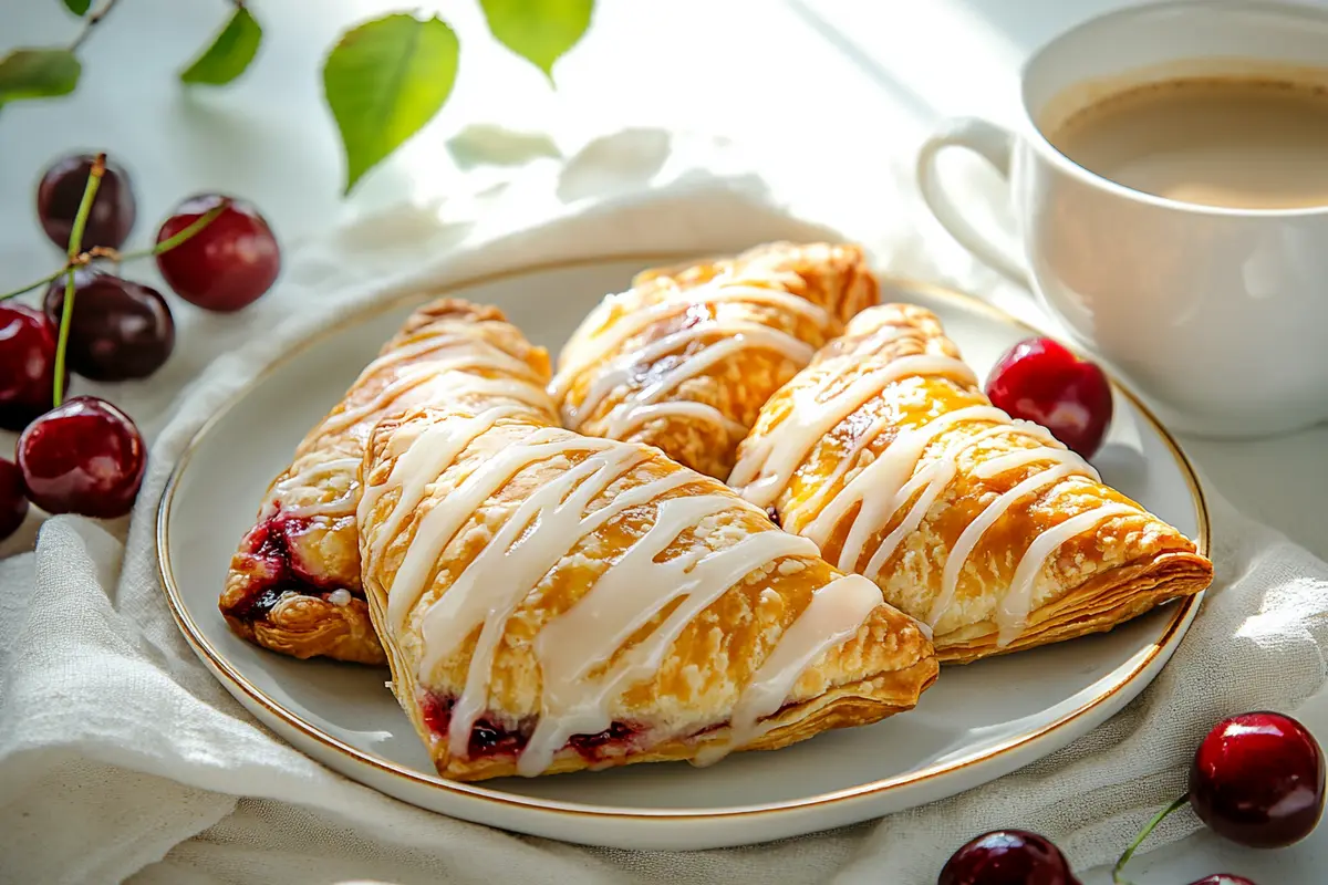 Cherry turnovers served with glaze and fresh cherries