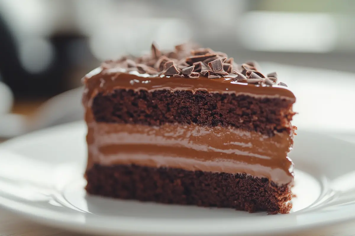 A slice of moist chocolate cake made with mayonnaise, topped with chocolate glaze and shavings.