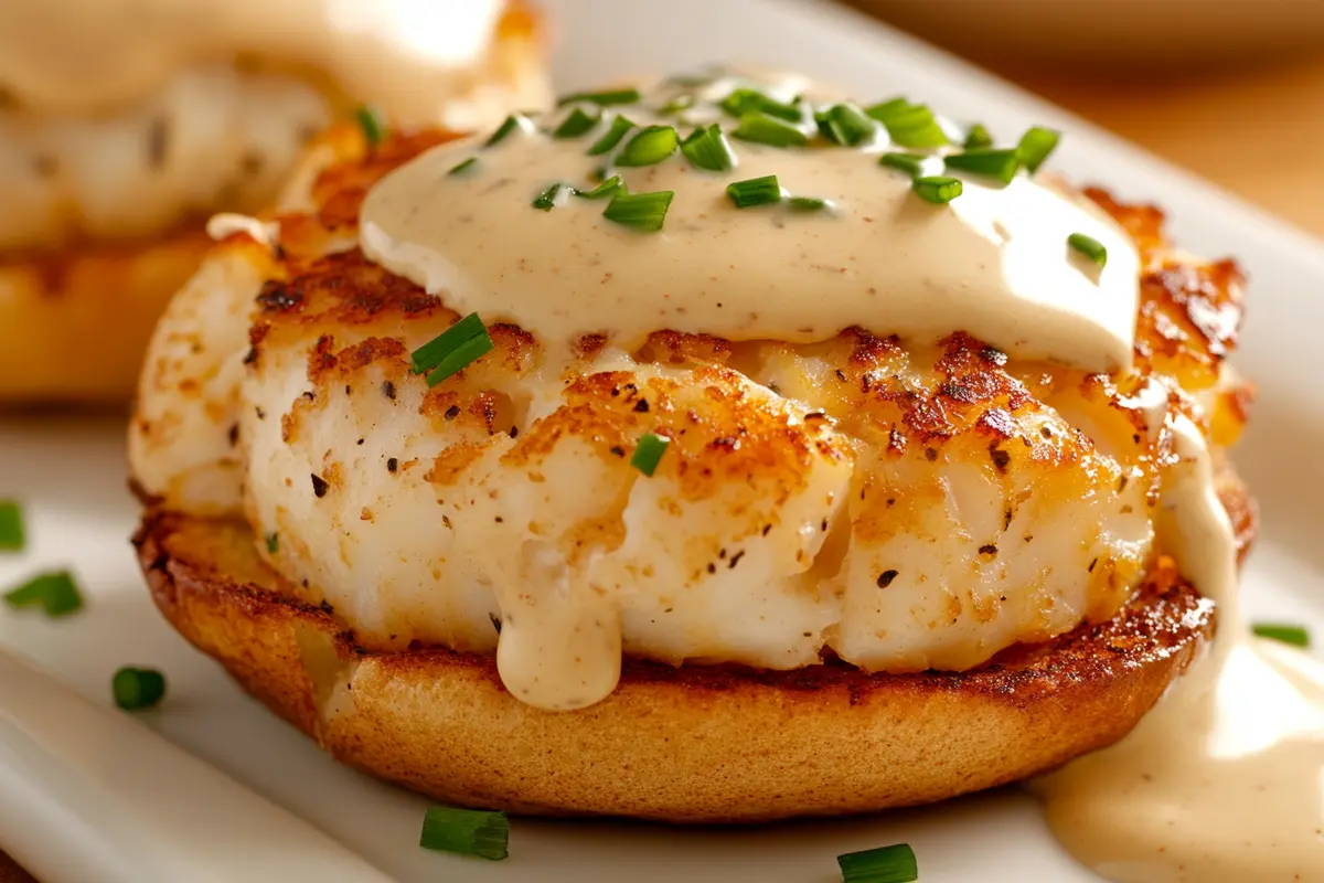 Close-up of crab cake eggs benedict garnished with chives.