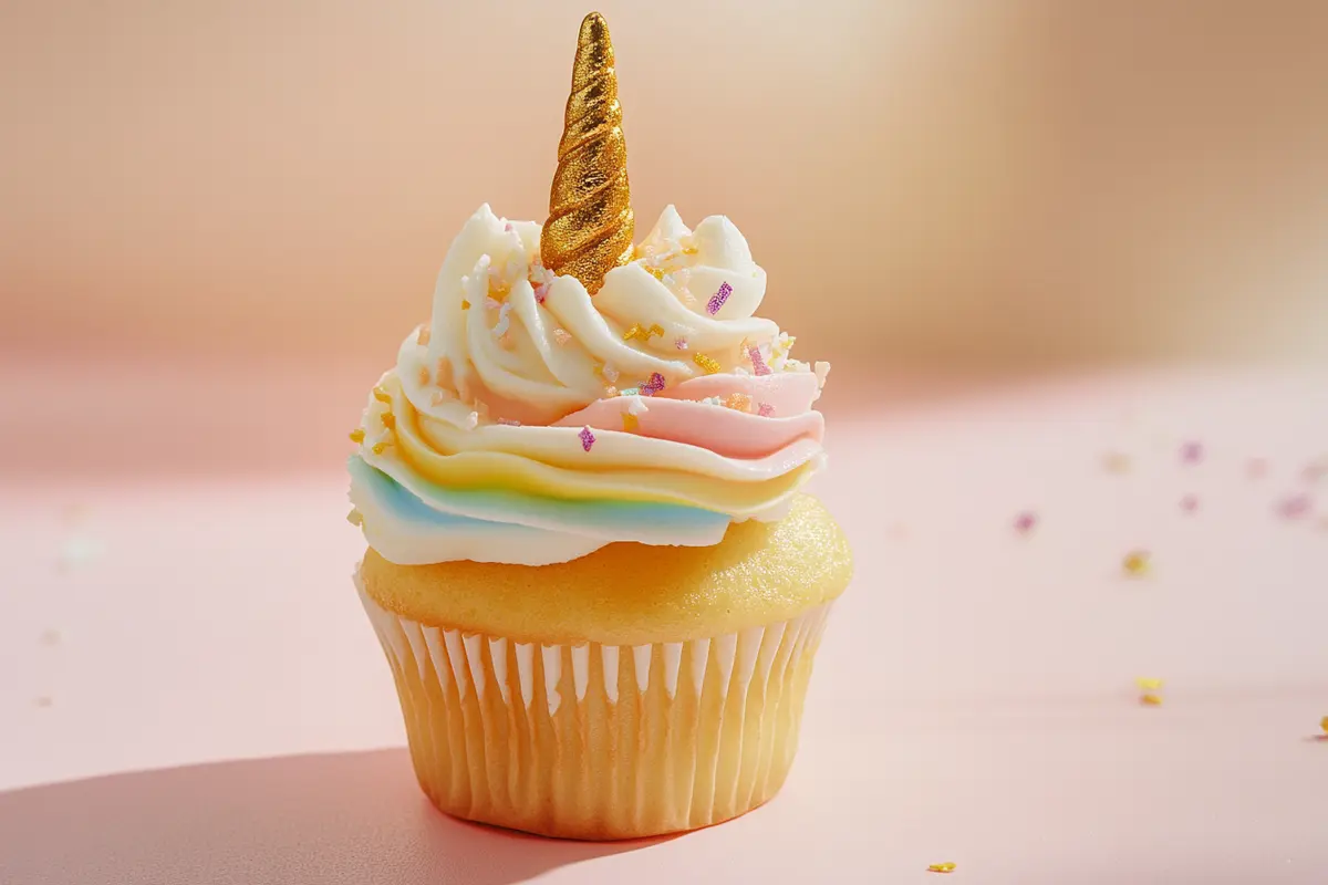 Close-up of a unicorn cupcake with rainbow frosting and a fondant horn.