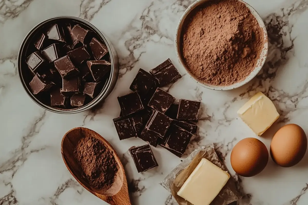 Ingredients for making condensed milk brownies laid out on a marble countertop.