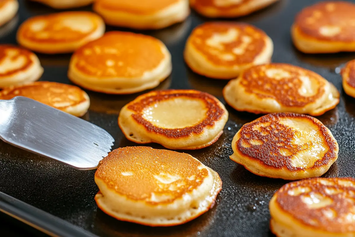 "Mini pancakes cooking on a non-stick griddle with bubbles forming on the batter.