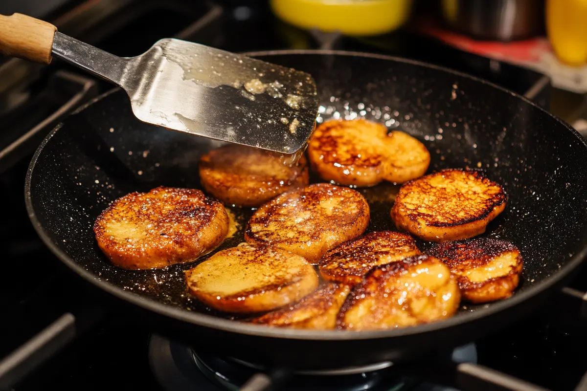 Golden-brown sourdough French toast cooking in a skillet.