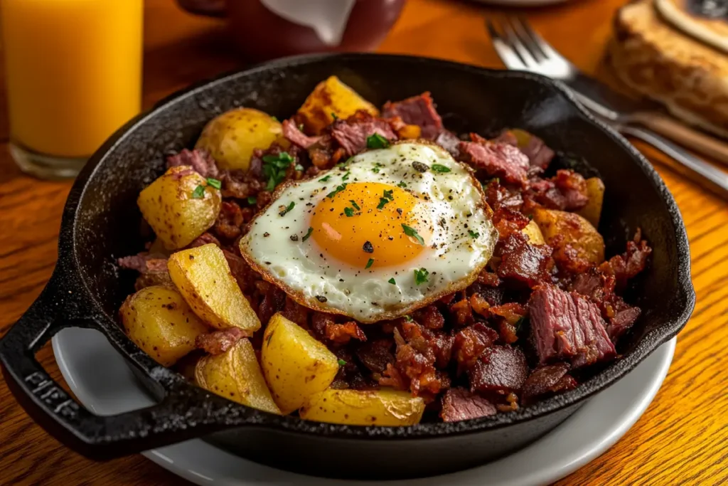 Corned beef hash and eggs served in a cast-iron skillet with crispy potatoes and a sunny-side-up egg.