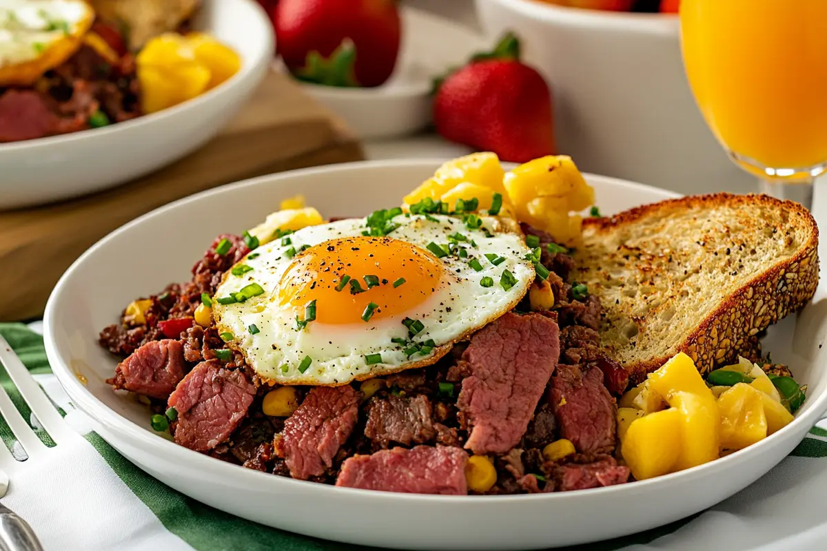 Corned beef hash and eggs served with toast, fresh fruit, and a mimosa.