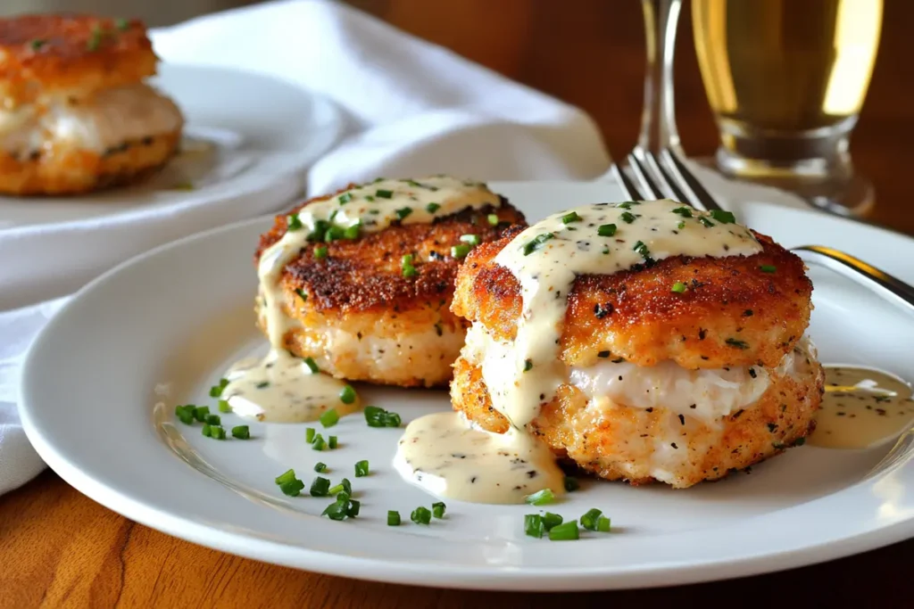 Plate of crab cake eggs benedict with hollandaise sauce.