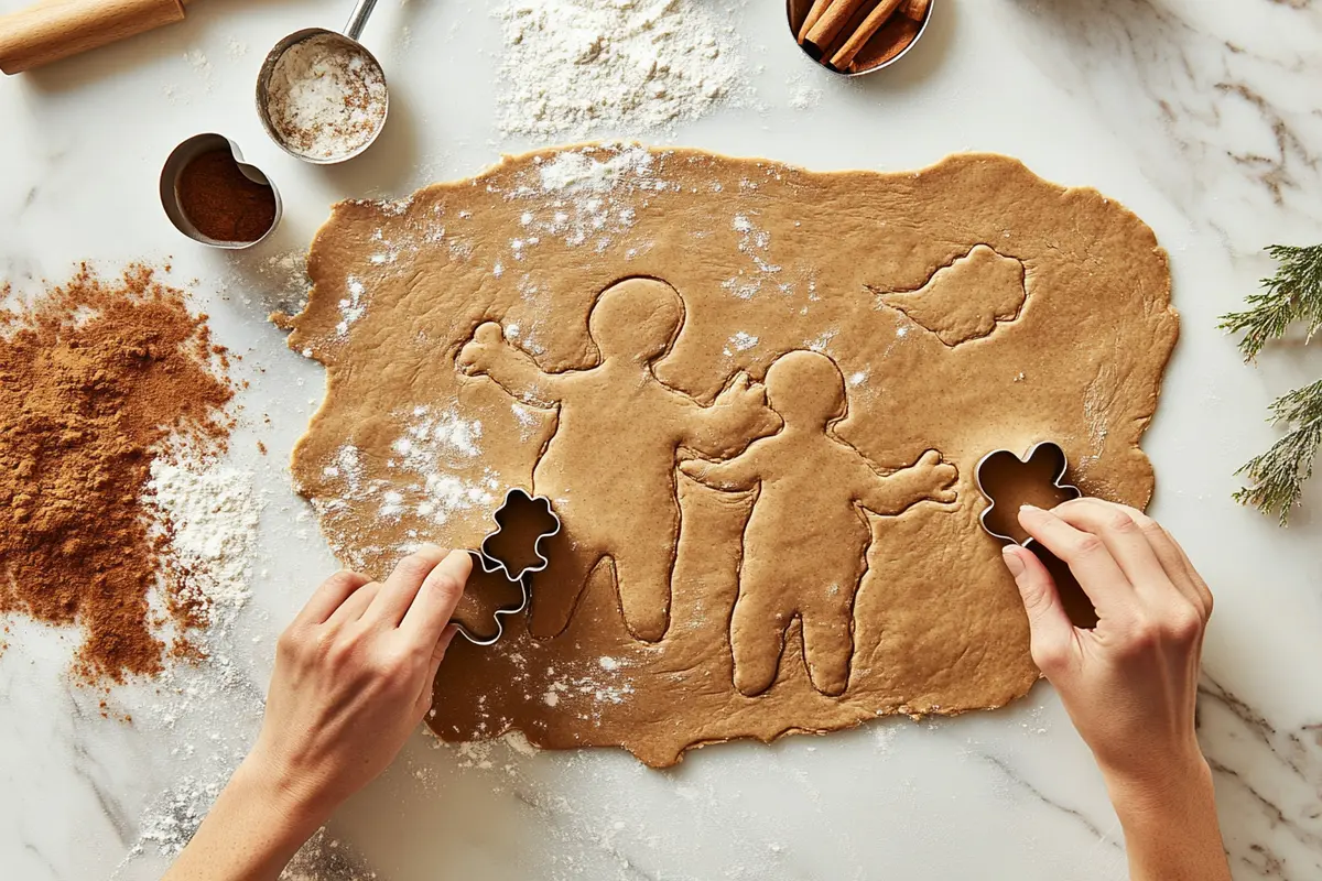 Hands cutting gingerbread dough into human shapes with cookie cutters.