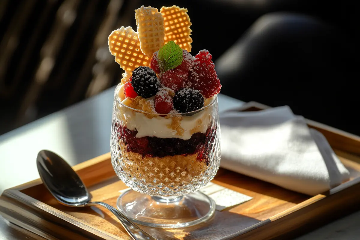 Wafer cookies garnishing a layered parfait dessert.