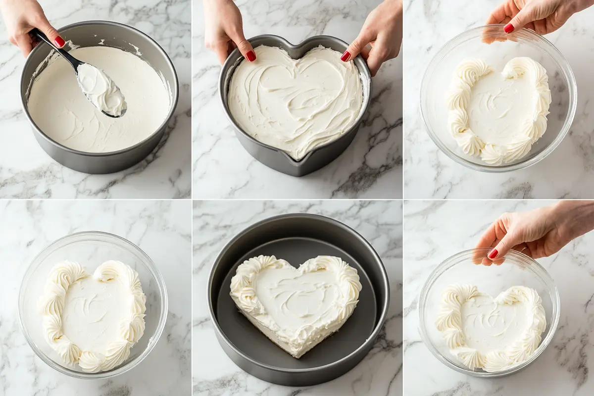 Step-by-step guide to assembling a heart cake without a mold.