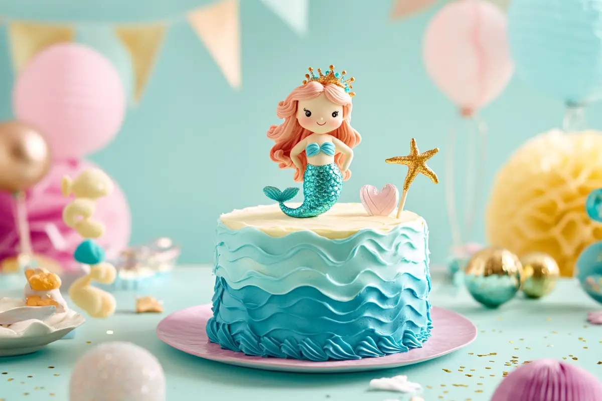 Simple DIY mermaid cake with piped buttercream and toy topper.