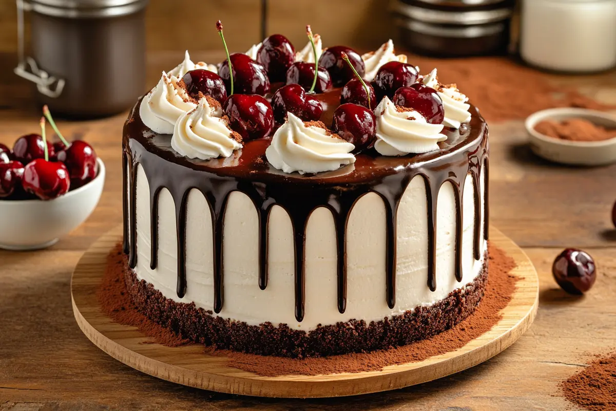 Cherry chocolate cake topped with ganache and fresh cherries on a rustic table.