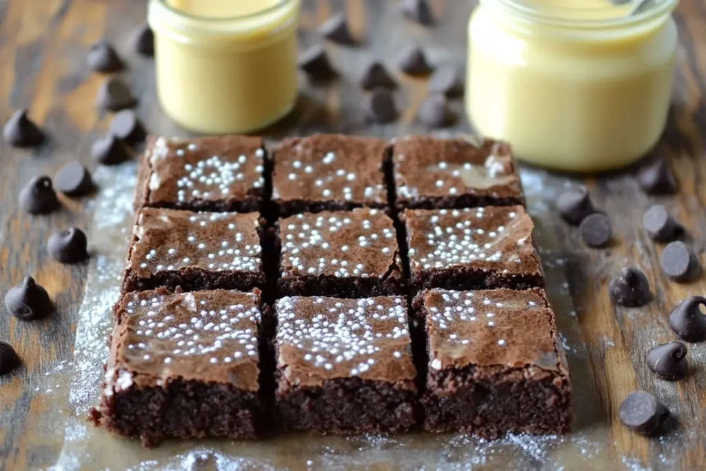 Fudgy condensed milk brownies on a tray with powdered sugar.