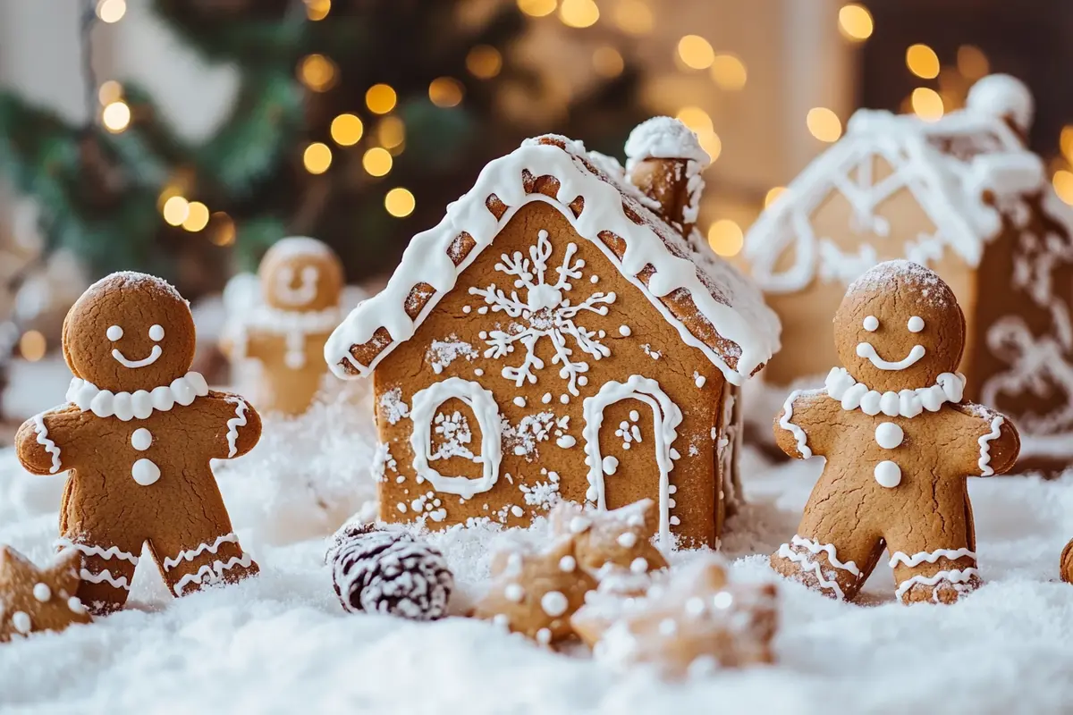 A decorative gingerbread display with gingerbread people and a house.