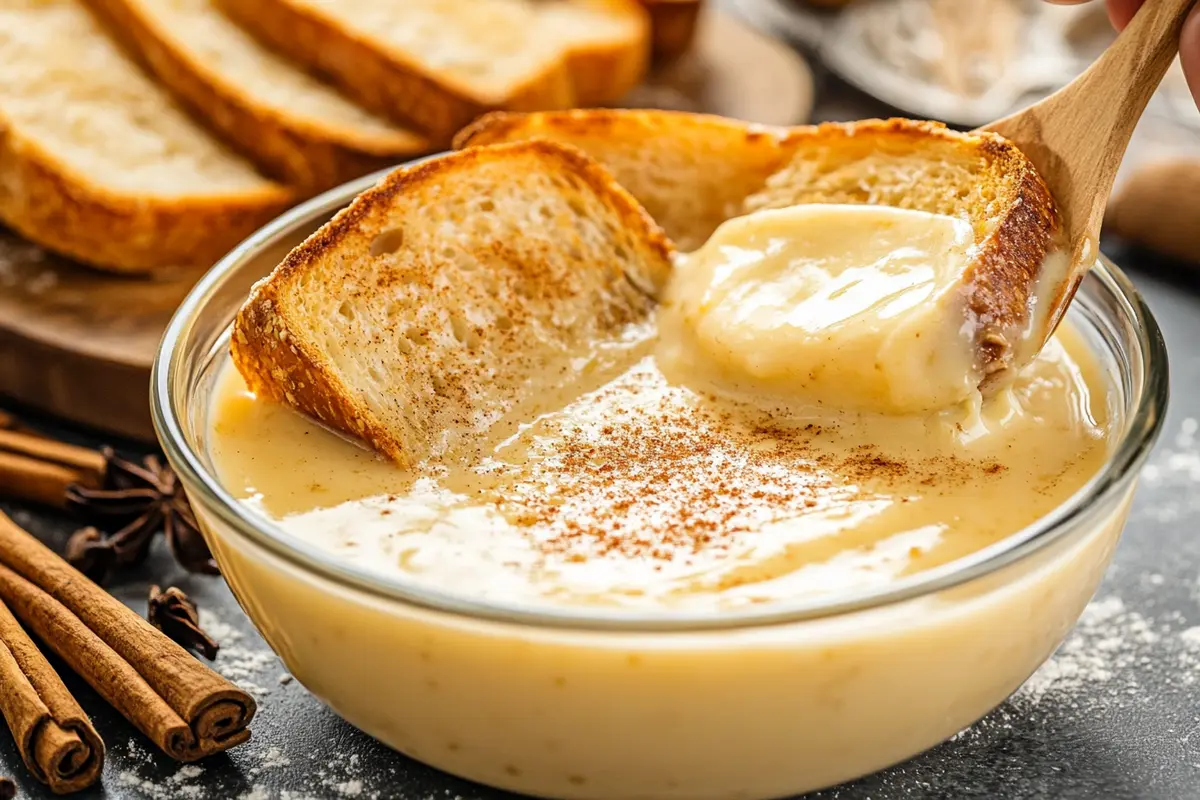 Sourdough bread slices in creamy custard mixture.