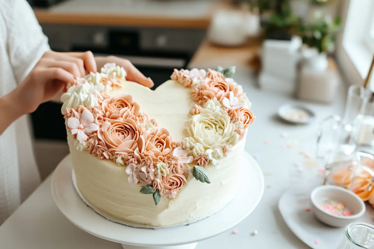 Realistic heart-shaped cake with pastel buttercream flower decorations.