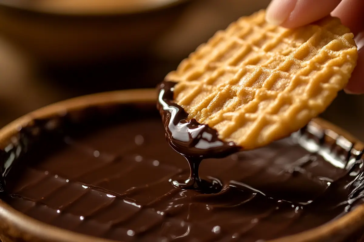 Homemade wafer cookie dipped into melted dark chocolate